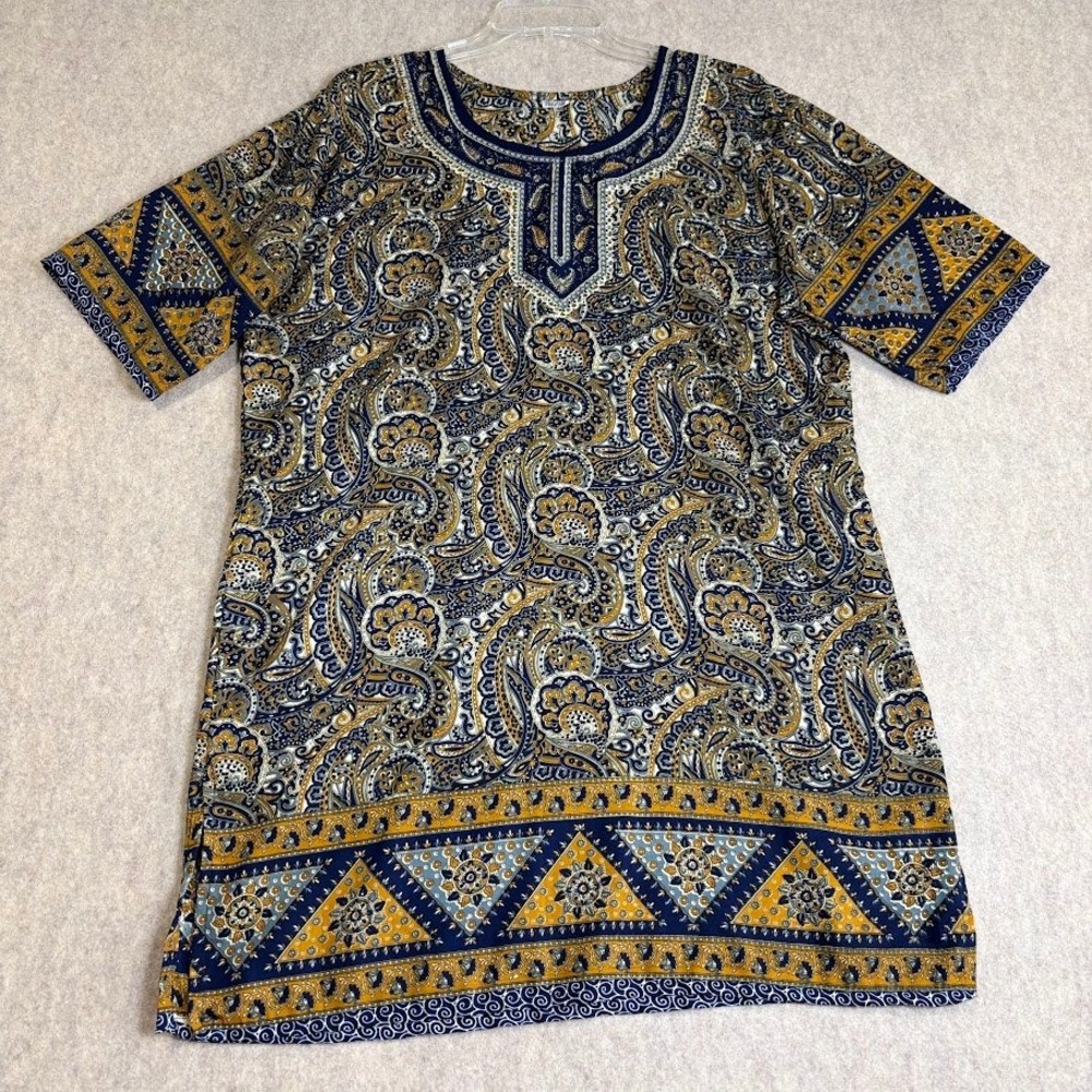 Paisley Tunic Hand-Beaded OS Blue Paisley Viscose Boho Split Neck Short Sleeve